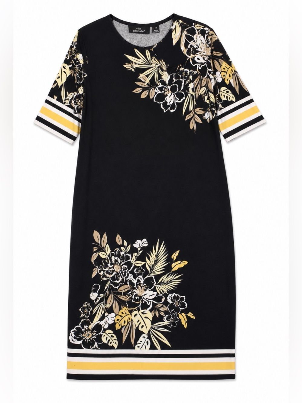 Mlle Gabrielle Black Floral Midi Dress with Yellow and Cream Accents